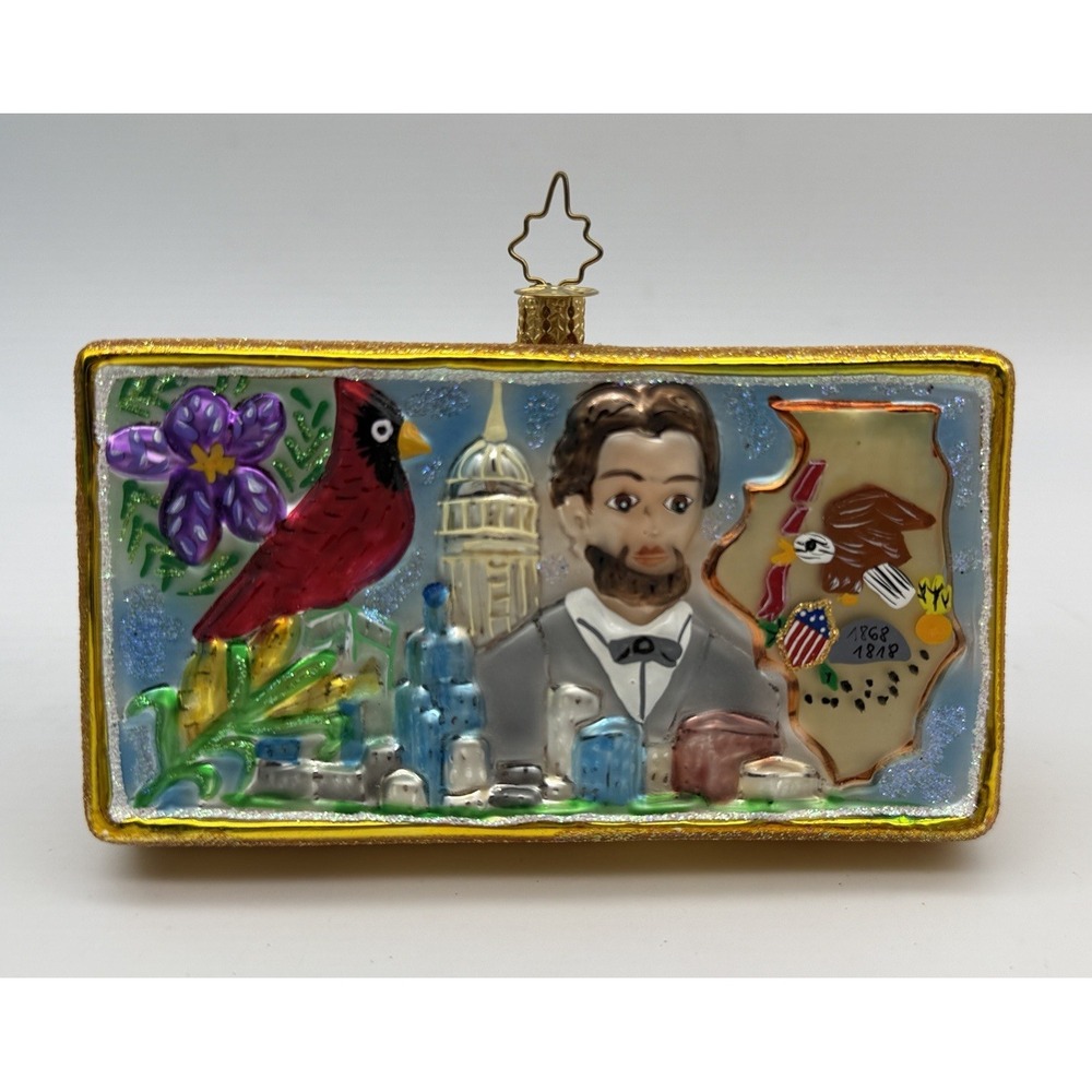 VERY RARE Christopher Radko Greetings From IL Land Of Lincoln Glass Ornament
